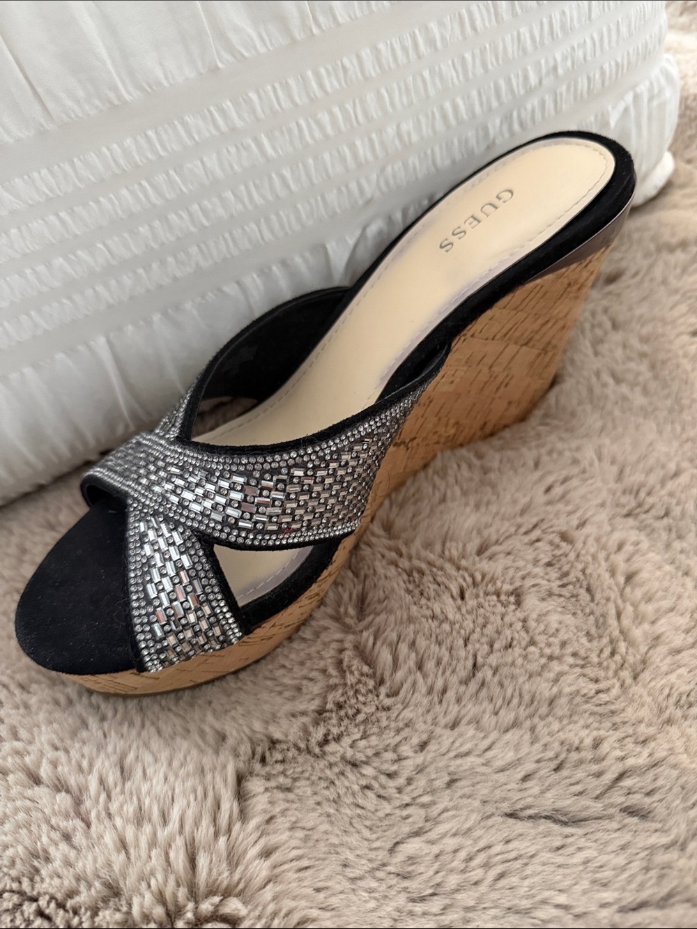 Guess Black Wedge Sandal with Silver Jeweled Straps